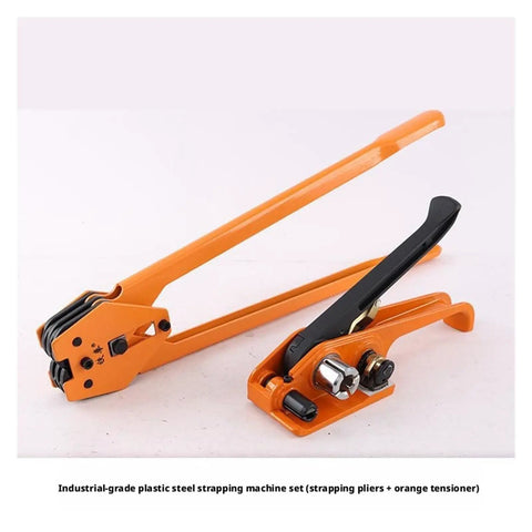 Heavy Duty Industrial Pet Strapping Machine Kit With Auto Cut Tensioner And Sealer For Secure Cargo Banding set featuring orange tensioner and black pliers.