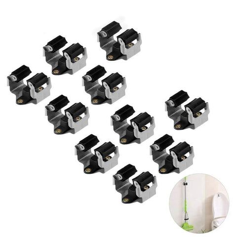 Heavy Duty Wall Mounted Mop Broom Holder Rack Set Of 10 Clips with adjustable grip handles and wall-mount installation.