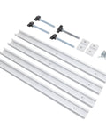 Aluminum T Track Sliding Nut Set With Double Cut Profile Predrilled Mounting Holes And Wood Screws For Woodworking Workbench Built Tough And Rust Resistant Silver Four Pack shown with components