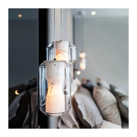 Modern Clear Glass Pendant Light with Marble Pattern Inner Shade, Adjustable Suspended Hanging for Kitchen Island,Warmth, elegant design showcasing marble details.
