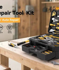 328 Piece Tool Kit For Home And Auto Hand Repair Tool Set in a sturdy toolbox with drawer on a workbench in a garage.