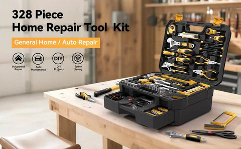 328 Piece Tool Kit For Home And Auto Hand Repair Tool Set in a sturdy toolbox with drawer on a workbench in a garage.