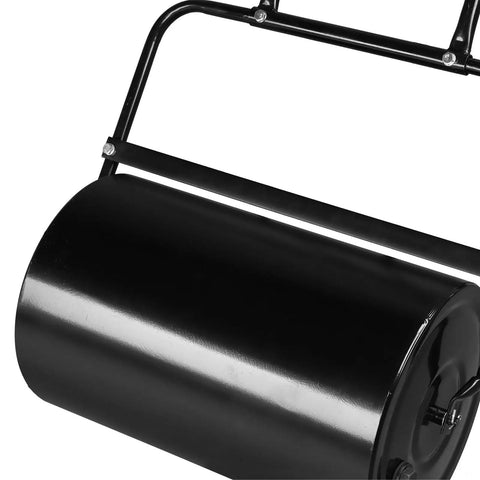 Side view of a Lawn Roller For Seed And Sod Preparation With 10 Gallon Water Fill Capacity And Welded Steel Drum Construction.