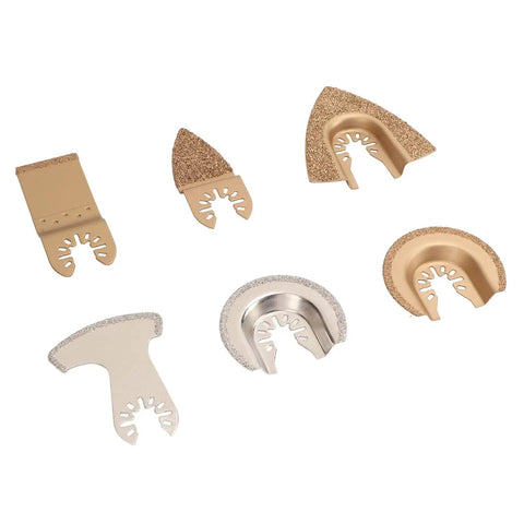 Six Piece Oscillating Saw Blade Set With Diamond Cemented Carbide Blades in various shapes for ceramics and tile.