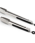 Two Pack 9 Inch And 12 Inch Stainless Steel Kitchen Tongs With Locking Mechanism Brushed Black Finish Ergonomic Grip