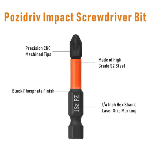 Pozidriv PZ2 Magnetic Impact Screwdriver Bits Set, 2 Inch Length, Quarter Inch Hex Shank, S2 Steel Heat Treated for High Torque, No Slip Grip, 10 Pc Set Built Tough for Heavy Duty Driving and Slippage Free Performance