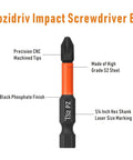 Impact Pozidriv Screwdriver Bits Set With PZ1 PZ2 PZ3 Two Inch Length Quarter Inch Hex Shank Magnetic S2 Steel CNC Machined