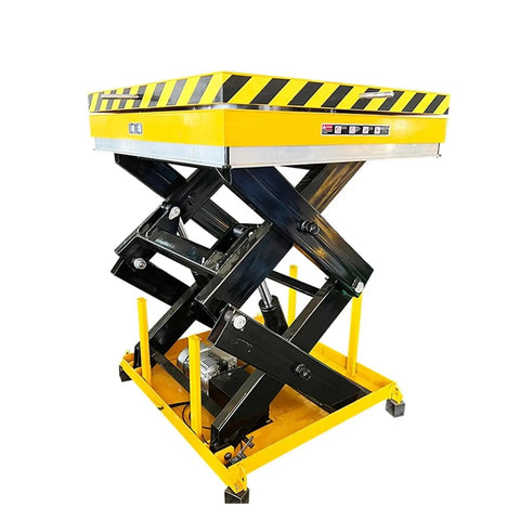 Heavy Duty Fixed Scissor Lift Table With Hydraulic Foot Pump For No Sweat Cargo Elevation, yellow and black design, stable platform.