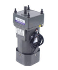 Geared 110V 90W AC Motor with Variable Speed Controller for Single Phase Use, shown standing with visible wiring and connectors.