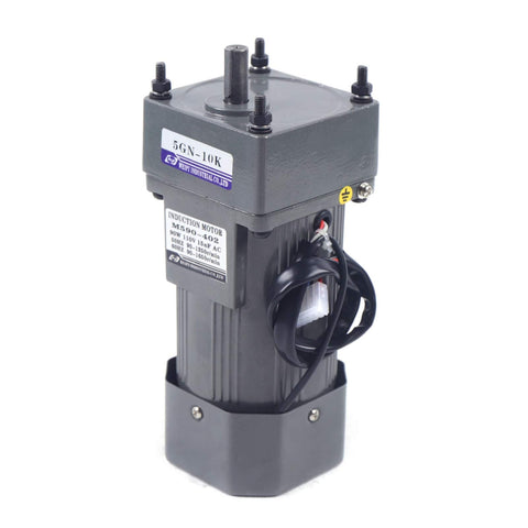 Geared 110V 90W AC Motor with Variable Speed Controller for Single Phase Use, shown standing with visible wiring and connectors.