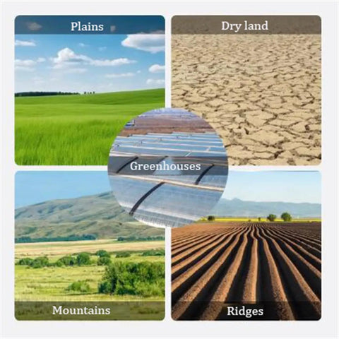 Illustration of different landscapes: plains, dry land, greenhouses, mountains, and ridges.