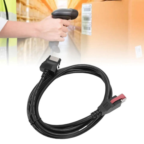USB Barcode Scanner Cable For POS Systems And Printers, Durable PVC 5.9ft USB Cord displayed with scanning device in warehouse