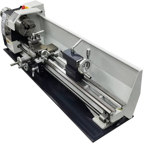 QYLTTDM 900W Mini Metal Lathe Machine, Precision Benchtop Lathe showing tools and chuck for DIY enthusiasts.
