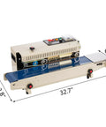 FR900 Pro Grade Continuous Band Bag Sealer With Adjustable Speed And Seal Width Temperature Control Auto Sealing For 0.02 To 0.8 Mm Plastic Bags With Printing Functionality, shown with dimensions 32.7x13.8x11.8 inches.