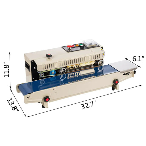 FR900 Pro Grade Continuous Band Bag Sealer With Adjustable Speed And Seal Width Temperature Control Auto Sealing For 0.02 To 0.8 Mm Plastic Bags With Printing Functionality, shown with dimensions 32.7x13.8x11.8 inches.