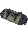 FrontLoader Bike Front Bag 8L for light camping gear and spare clothes, green, durable, water-resistant with outer harness.