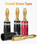 Banana Plugs With Dual Set Screws, Black And Red Aluminum Shell, Gold Plated 4mm Brass Contacts, Secure Connection For Clean, Distortion-Free Audio, High Fidelity Sound, Natural Sonic Accuracy, Six Pairs, closed screw type