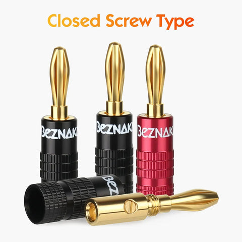 Banana Plugs With Dual Set Screws, Black And Red Aluminum Shell, Gold Plated 4mm Brass Contacts, Secure Connection For Clean, Distortion-Free Audio, High Fidelity Sound, Natural Sonic Accuracy, Six Pairs, closed screw type