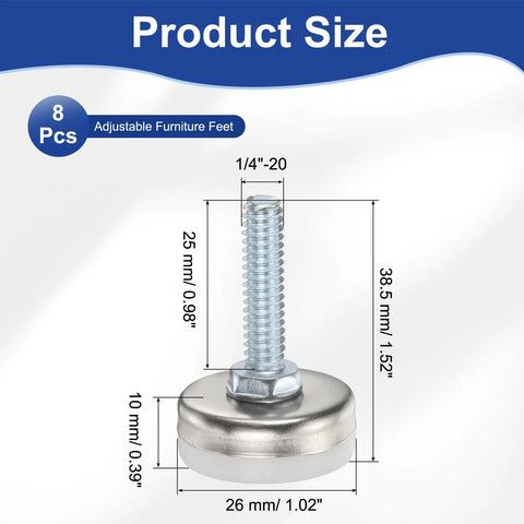 Eight Pack Adjustable Furniture Levelers With Quarter Inch Twenty Thread For Tables And Chairs No Fuss dimensions diagram