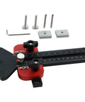 Precision Thin Ripping Guide Jig With Cool 3-Pulley System For Super Tight Cuts And Kickback Defense On Table Saws, Jointers, And Band Saws To Keep Your Hands Safe While You Work, showing the jig, pulleys, screws, and adjustment tool.