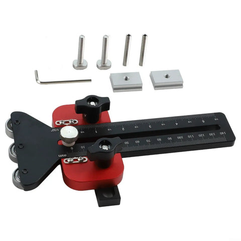 Precision Thin Ripping Guide Jig With Cool 3-Pulley System For Super Tight Cuts And Kickback Defense On Table Saws, Jointers, And Band Saws To Keep Your Hands Safe While You Work, showing the jig, pulleys, screws, and adjustment tool.
