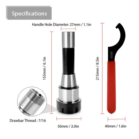 Rock Solid R8 ER32 Tool Holder 7/16 Inch Shank with specifications for CNC milling and precision threading.