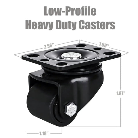 Low Profile Caster Wheels Set Of Four Heavy Duty Swivel Casters With Locking Brake For Industrial Workbenches Garage Tool Chest Furniture Leveling 1100 Lb Capacity Workhorse Grade Steel side view with dimensions