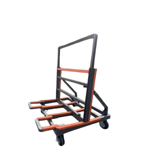 Lightweight Heavy Duty Folding Panel Dolly With Hella Sturdy Rubber Rails And Buttery Smooth Swivel Wheels For Moving Glass Sheets Drywall And Doors On Any Job Site, showing steel frame and rubber rails.
