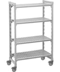Built Tough Commercial Grade Mobile Shelving Cart With Four Deep Shelves Premium Quiet Roll Casters No Fuss Removable Trays in speckled gray.