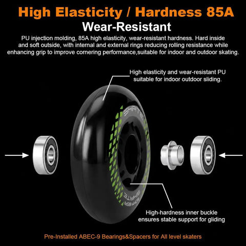 8 Pack Inline Skate Wheels Set With 72mm 76mm And 80mm Options, ABEC9 Bearings, 85A Durometer PU, includes bearings and spacers