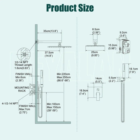 Technical dimensions of All In One Shower System With 10 Inch Square Rain Head, 2 In 1 Handheld Sprayer, Brushed Nickel Finish