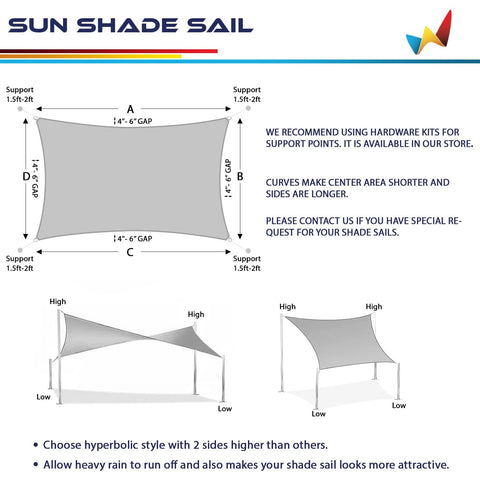 Diagrams showing 12x14 Sun Shade Sail Rectangle Outdoor Canopy Cover installation instructions.