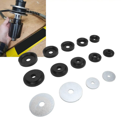 Sheet Metal Dimple Die Set For Harbor Press And Hydraulic Punch Driver Kit With Carbon Steel Flared Hole Tool And Nylon Backing Discs Heavy Duty Fabrication Accessory For Durable Sheet Metal Work, black dies and silver discs