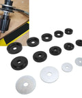 14-piece 3D Printed Dimple Die Set with Carbon Steel Backing Discs shown with punch driver for metalworking, includes 1.115-2.375 inch dies.