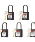 Five Black Lockout Tagout Locks Keyed Alike OSHA Compliant Safety Padlocks with keys visible in the image