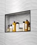 Recessed Shower Niche 16 By 28 Inches Black For Tile Ready Shower Storage with bath products inside, waterproof design.