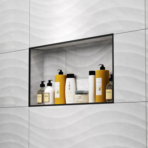 Recessed Shower Niche 16 By 28 Inches Black For Tile Ready Shower Storage with bath products inside, waterproof design.