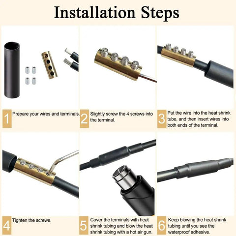 Installation steps for 6 8 10 AWG Wire Connector Kit With Screws 80A Quick Splice Wiring Terminals showing assembly process.