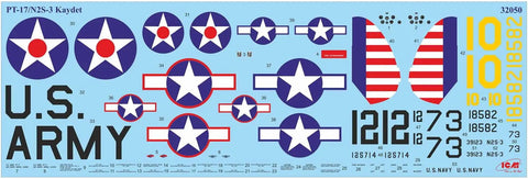 Decal sheet for 1:32 Stearman PT-17 Red Plastic Model Kit With American Cadets, featuring U.S. Army markings.