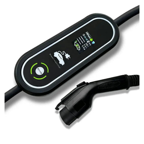 Hassle Free Portable Ev Charger With Type One And Type Two Plugs For Any Electric Ride showing control unit with display and charging plug.