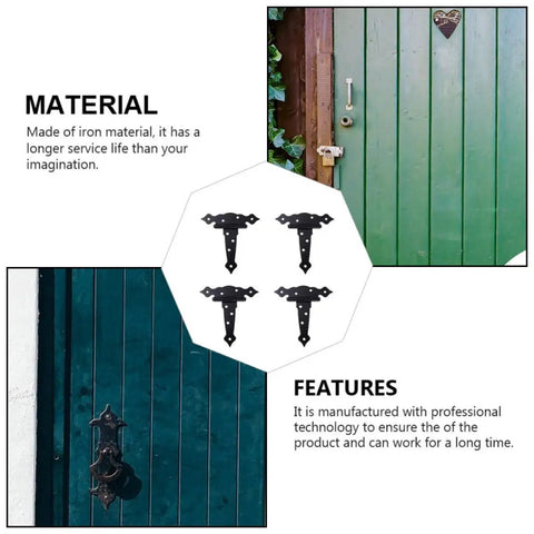Four Pack Black Iron T Shape Door Hinges For Wooden Doors With Eight Screw Holes Bearing Design For Smooth Quiet Operation