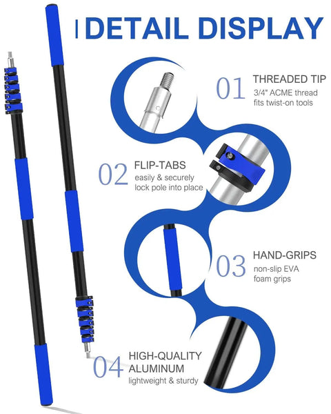 Detail Display of Pro Grade 30Ft Reach Solar Panel Cleaning Kit With 20 Inch Water Fed Brush Telescoping Pole From 5 To 24 Feet