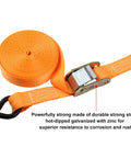 One Inch Ratchet Tie Down Straps Set Of Four For Cargo Kayaks On Roof Racks Or Truck Bed With Heavy Duty Coated S Hooks And Cam Buckles, 1000 Pound Capacity, Durable Polyester Webbing, showing orange strap and cam buckle close-up.
