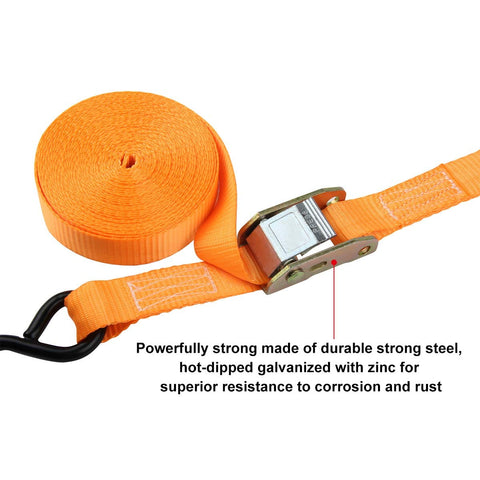 One Inch Ratchet Tie Down Straps Set Of Four For Cargo Kayaks On Roof Racks Or Truck Bed With Heavy Duty Coated S Hooks And Cam Buckles, 1000 Pound Capacity, Durable Polyester Webbing, showing orange strap and cam buckle close-up.