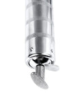 Close-up of Heavy Duty 120CC Grease Gun With Chrome Plated Metal Body, nozzle and handle view.