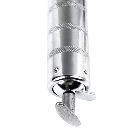 Close-up of Heavy Duty 120CC Grease Gun With Chrome Plated Metal Body, nozzle and handle view.