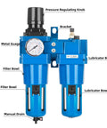 Pro Grade Air Filter Regulator Lubricator Combo With Water Oil Trap Separator 1 Inch NPT 0-150 Psi Gauge showing labeled parts