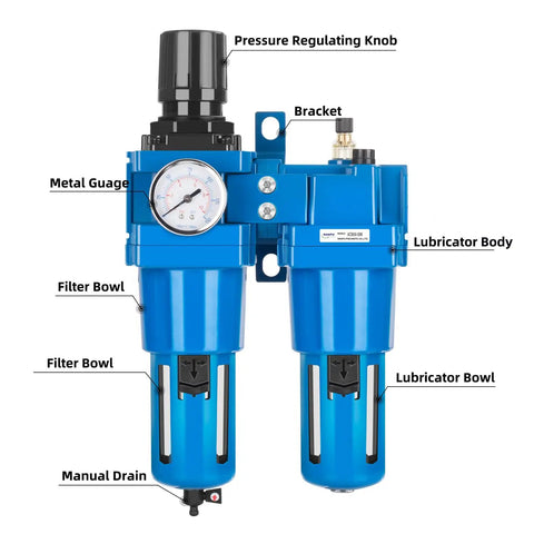Pro Grade Air Filter Regulator Lubricator Combo With Water Oil Trap Separator 1 Inch NPT 0-150 Psi Gauge showing labeled parts