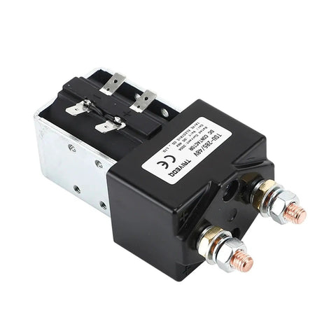 Hefty 300 Amp DC Contactor Switch TSU 285 Built Like A Tank For Cars And Electric Forklifts Featuring One Normally Open Terminal Suited For 12V 24V 48V Electrical Systems, showing the contactor switch with terminals.