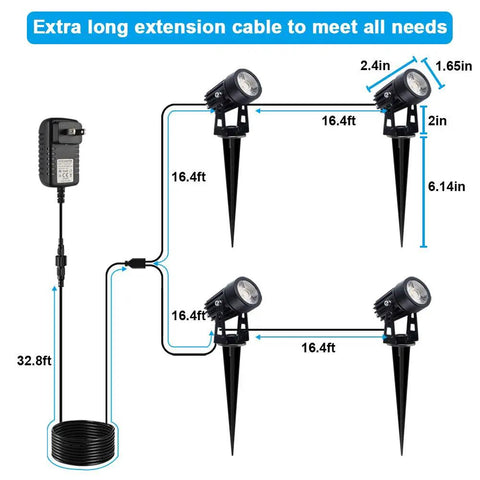 Diagram of Low Voltage Landscape Spotlight Kit With Transformer For Your Yard And Flags, showing cable connections and stakes.